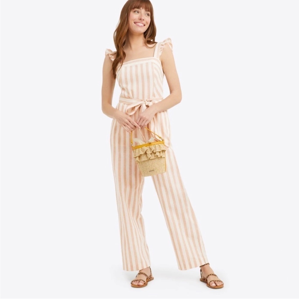 Draper James Tie Waist Jumpsuit in Cabana Stripe Tan Camel and White Size Small